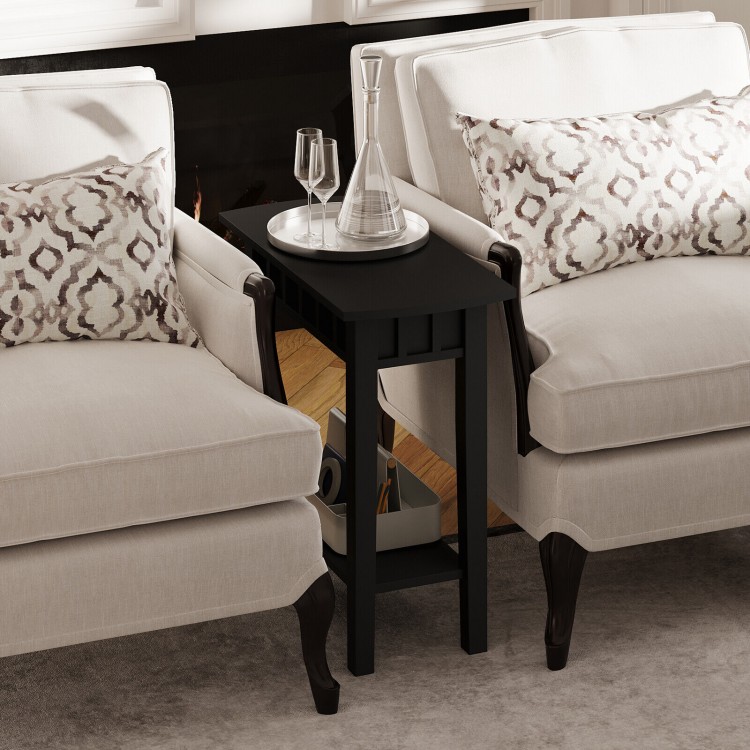 Narrow black wood end table with storage shelf, perfect for small spaces, featuring a classic design and easy-clean.